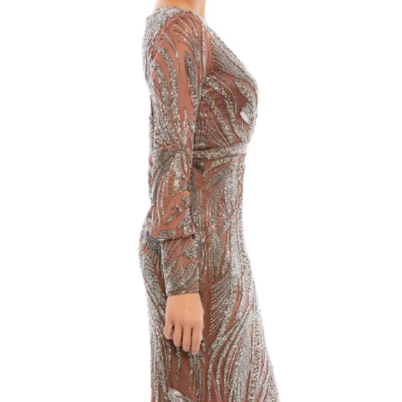 MAC DUGGAL BEADED LONG SLEEVE MOCHA MIDI COCKTAIL DRESS sz 2 - Picture 2 of 6